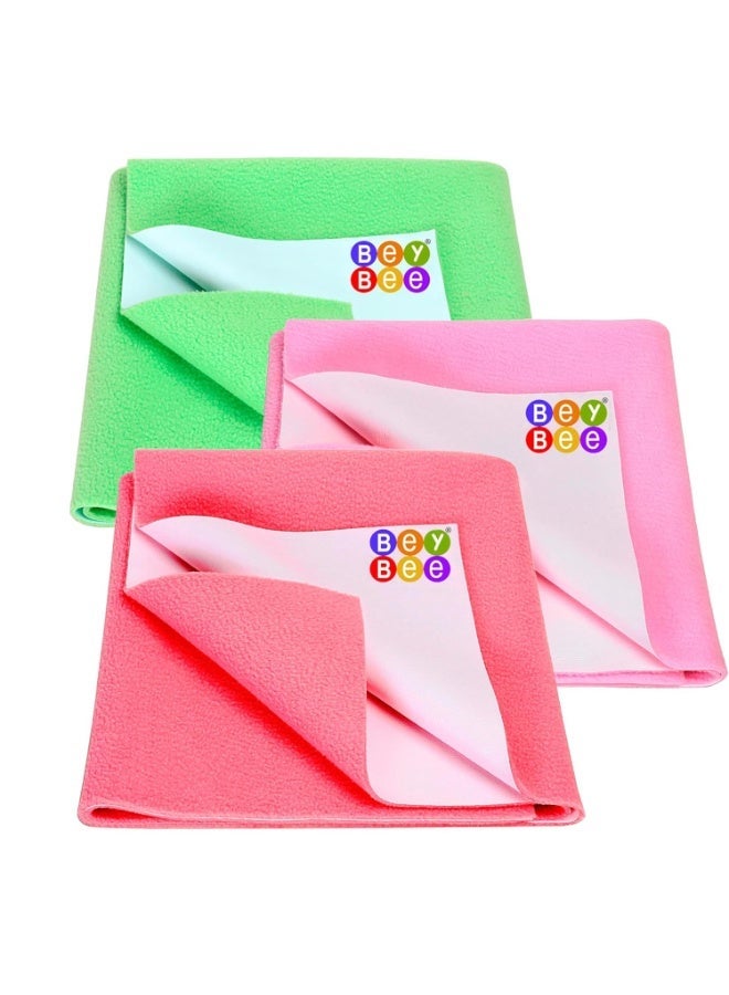Bey Bee BeyBee Waterproof Quick Dry Sheet for Baby|Anti-Piling Fleece Extra Absorbent Washable Mattress Protector|Bed Protector Sheet for Toddler Small Combo 70x50 CM Pack of 3 Salmon Rose+Pink+Light Green - Image 1