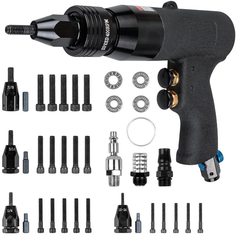 Clatoon Pneumatic Rivet Nut Gun with 1024  14  516  38 SelfLocking Head Adjustable Speed Air Rivet Gun Air Rivet Nut Tool Kit with 4 Size QuickChange 6pcs Mandrels Included with Each Size