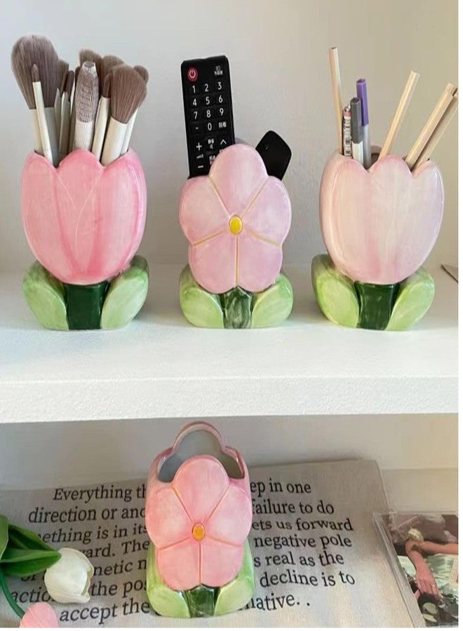 Busnos Red Makeup Brush Holder Pen Holder Office Desk Accessories Aesthetic Pencil Holders Cute Toothbrush Holders Flower Home Decor Vase Birthday Gifts for Women Vanity Kawaii Kitchen Utensil Holder - Image 2