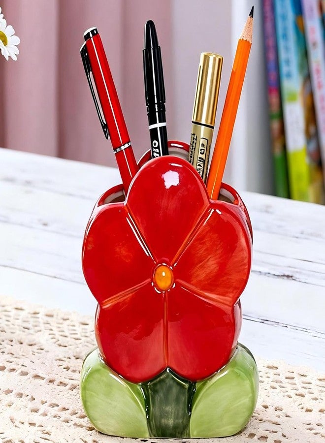 Busnos Red Makeup Brush Holder Pen Holder Office Desk Accessories Aesthetic Pencil Holders Cute Toothbrush Holders Flower Home Decor Vase Birthday Gifts for Women Vanity Kawaii Kitchen Utensil Holder - Image 1