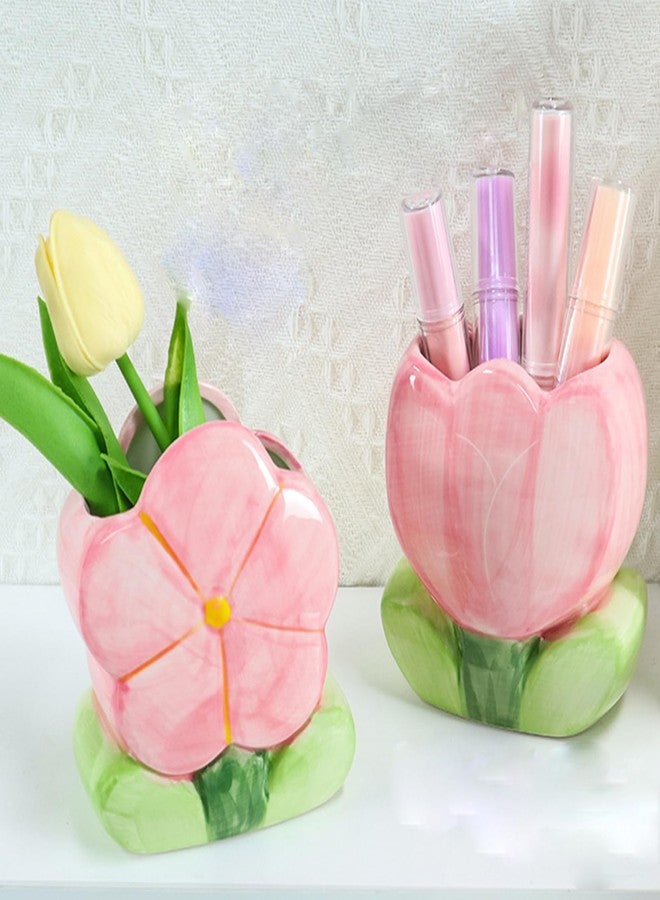 Busnos Red Makeup Brush Holder Pen Holder Office Desk Accessories Aesthetic Pencil Holders Cute Toothbrush Holders Flower Home Decor Vase Birthday Gifts for Women Vanity Kawaii Kitchen Utensil Holder - Image 5