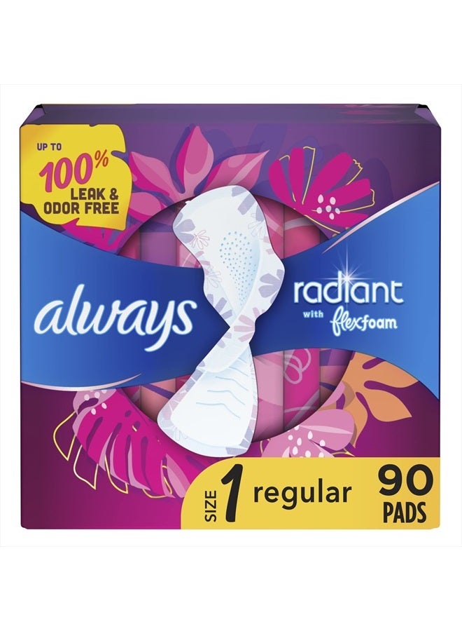 Always Radiant Feminine Pads For Women, Size 1 Regular Absorbency, With Flexfoam, With Wings, Light Clean Scent, 30 Count x 3 Packs (90 Count Total) - Image 1