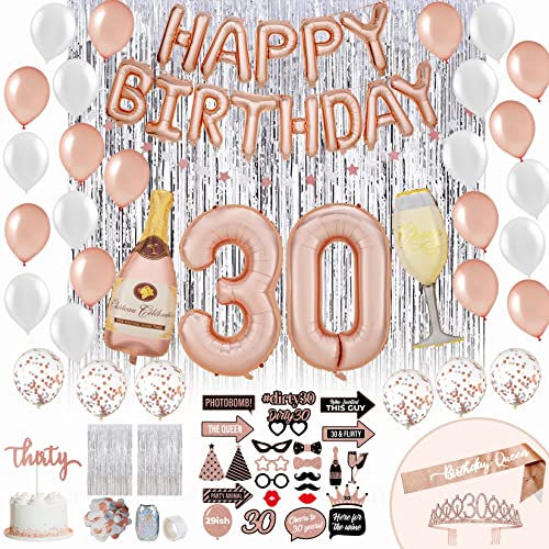 PartyHooman 30th Birthday Decorations for Women With 30th Birthday Sash and Rhinestone Tiara 30th Birthday Balloons 2 Pcs Foil Backdrops with 25 preassembled photoshoot props Dirty 30 Birthday - Image 1