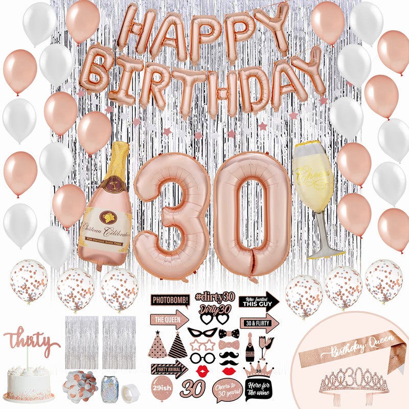 PartyHooman 30th Birthday Decorations for Women With 30th Birthday Sash and Rhinestone Tiara 30th Birthday Balloons 2 Pcs Foil Backdrops with 25 preassembled photoshoot props Dirty 30 Birthday - Image 2