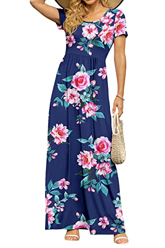DB MOON Women's Casual Maxi Dresses Short Sleeve Empire Waist Long Dress for Beach with Pockets(Flower Navy Blue, M) - Image 1