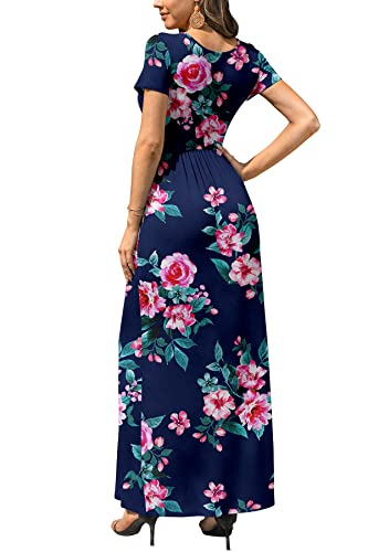 DB MOON Women's Casual Maxi Dresses Short Sleeve Empire Waist Long Dress for Beach with Pockets(Flower Navy Blue, M) - Image 5