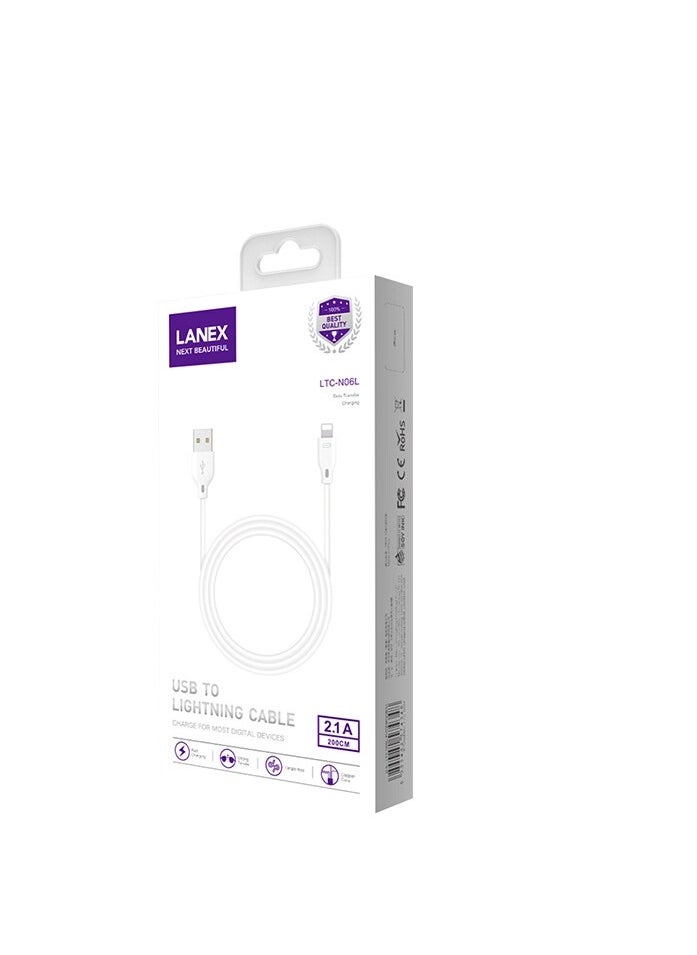LANEX - Lanex 2.1A Fast Charge USB to Lightning Cable 2M - LTC N06L - Image 1