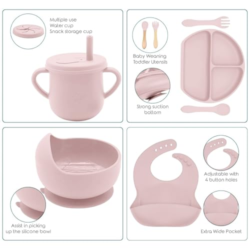 Dormlony 100% Silicone baby feeding set,BPA free Baby dishes set with Suction Bowl Divided Plate,Toddler Self Feeding Dish Set with Spoons Forks Sippy Cup And Bib, Baby Eating Utensils (Lilac) - Image 4