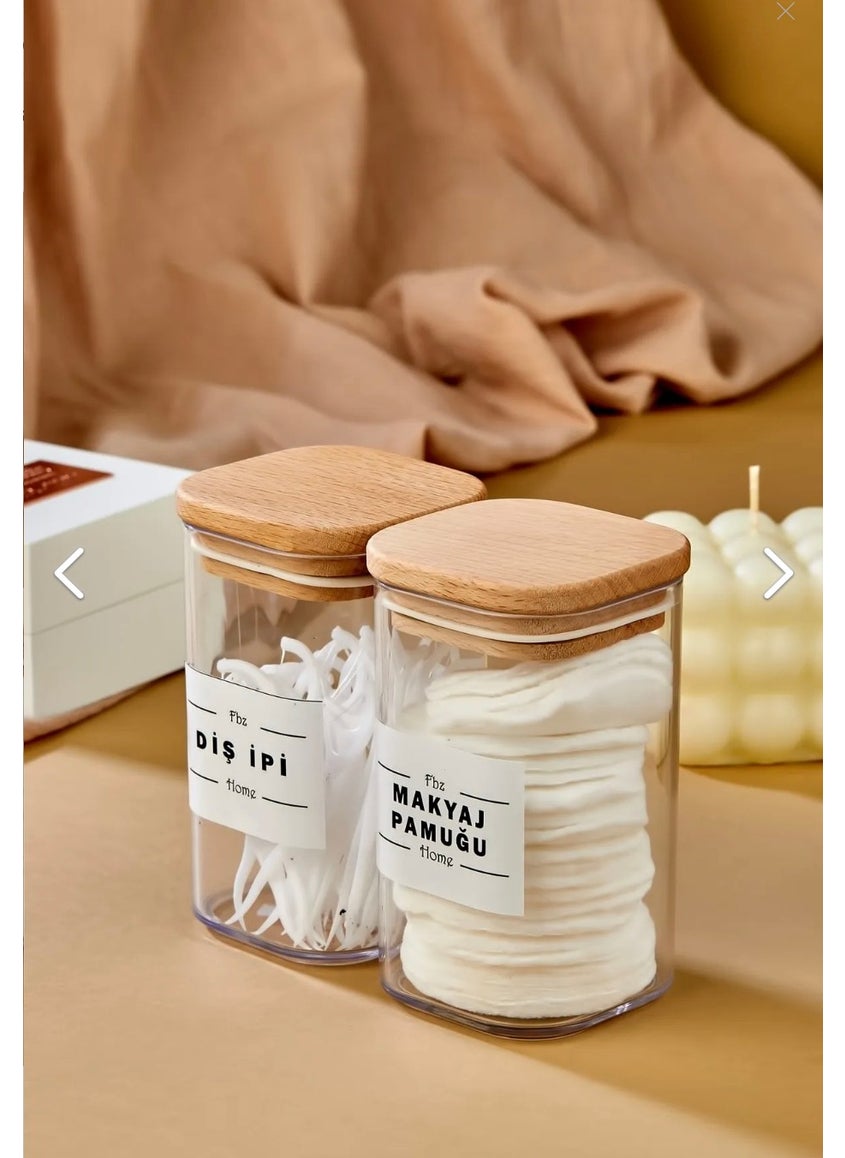 Fbz Home 2 Pack Decorative Wooden Covered Acrylic 250 ml Decorative Dental Floss & Makeup Cotton  - Image 1