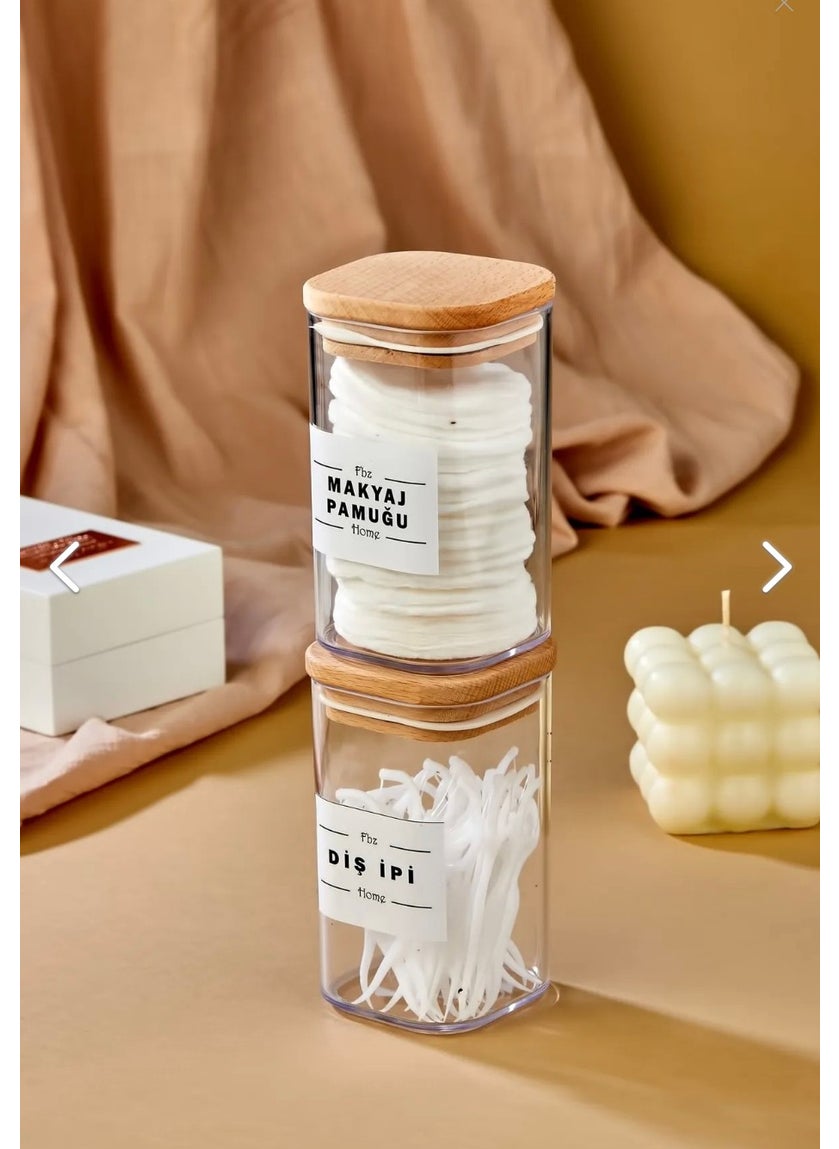 Fbz Home 2 Pack Decorative Wooden Covered Acrylic 250 ml Decorative Dental Floss & Makeup Cotton  - Image 2