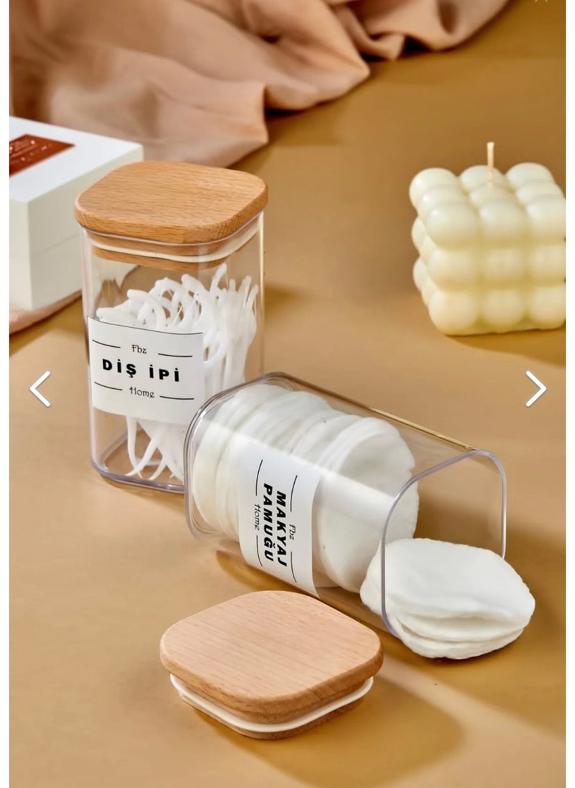 Fbz Home 2 Pack Decorative Wooden Covered Acrylic 250 ml Decorative Dental Floss & Makeup Cotton  - Image 3
