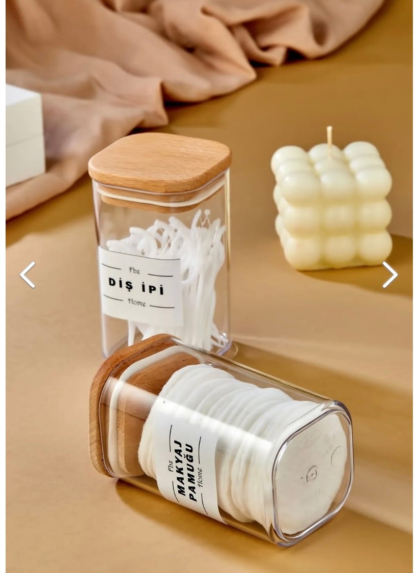 Fbz Home 2 Pack Decorative Wooden Covered Acrylic 250 ml Decorative Dental Floss & Makeup Cotton  - Image 4