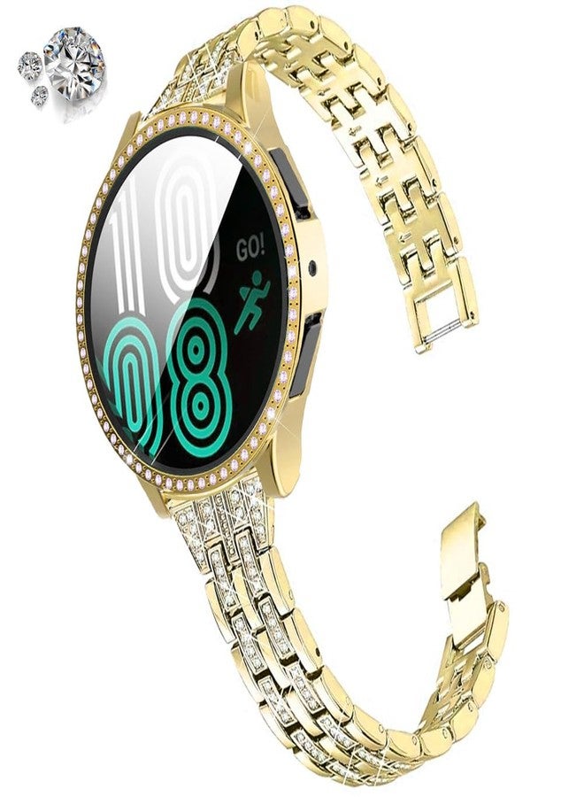 DEALELE Bands and Tempered Glass Case Compatible with Samsung Galaxy Watch FE / 5/4 40mm, 20mm Slim Bling Diamond Metal Strap with Full Protective Case Screen Protector Cover for Women Men (Gold) - Image 2