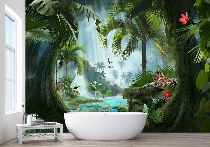 FANTASY FOREST WALL MURAL 151X105 ANIMAL LEOPARD LARGE PHOTO WALLPAPER LANDSCAPE WALL DECAL FOR LIVING ROOM BEDROOM TV AND SOFA BACKGROUND KIDS ROOMS