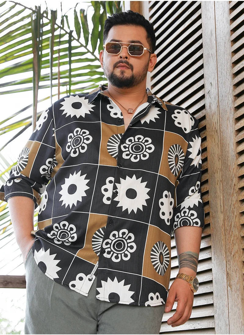 انستافاب بلس Instafab Plus Men's Midnight Black & Chocolate Brown Bloom-Bloc Shirt For Casual Wear | Spread Collar | Long Sleeves | Button Closure | Plus Size Shirt Crafted With Comfort Fit For Everyday Wear