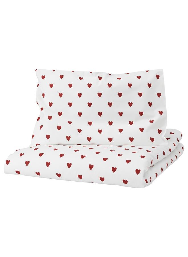erorex Duvet cover 1 pillowcase for cot, heart pattern/white red, 110x125/35x55 cm - Image 1