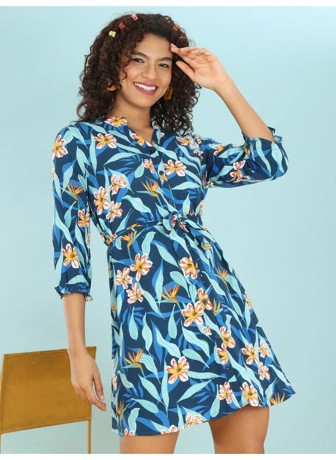 مرفوعة Women Casual A-Line Tropical Printed V-Neck Short Dress