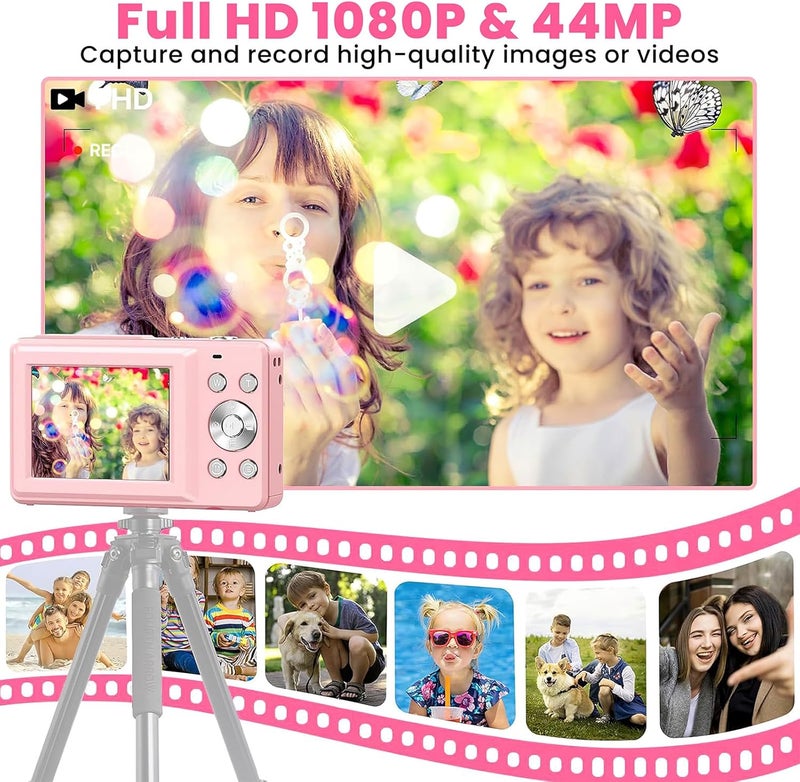 Digital Camera, 44MP FHD 1080P Video Camera for Kids, Digital Point and Shoot Camera with 32GB SD Card,16X Zoom Anti Shake, Compact Small Camera for Teens/Boys/Girls (Pink) - Image 2