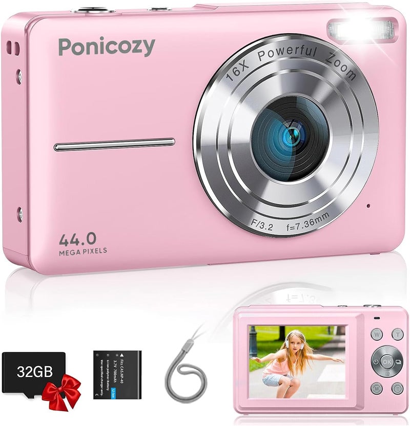 Digital Camera, 44MP FHD 1080P Video Camera for Kids, Digital Point and Shoot Camera with 32GB SD Card,16X Zoom Anti Shake, Compact Small Camera for Teens/Boys/Girls (Pink) - Image 1