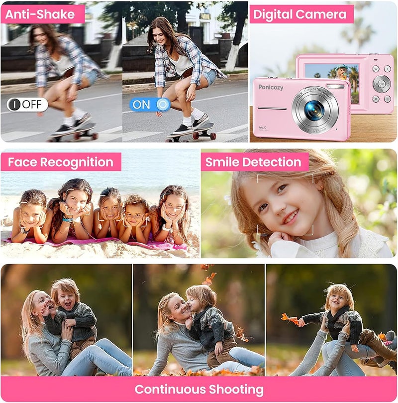 Digital Camera, 44MP FHD 1080P Video Camera for Kids, Digital Point and Shoot Camera with 32GB SD Card,16X Zoom Anti Shake, Compact Small Camera for Teens/Boys/Girls (Pink) - Image 5