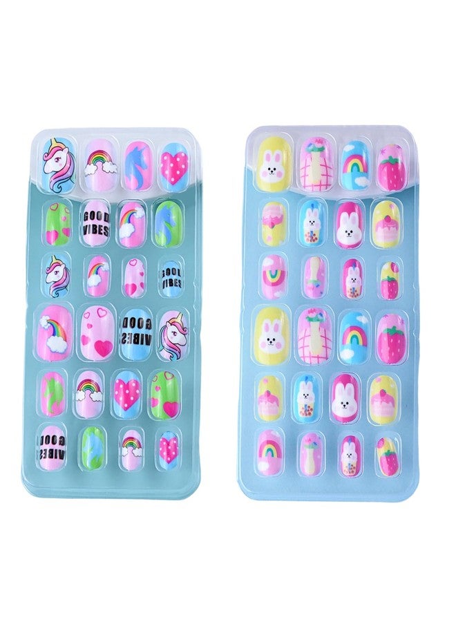 FFZDENA 2 Boxes Nail Art Kit for Girls 6-12, Fake Nails Extension Kit with Unicorn and Bunny Designs, Press on Nails Kit for DIY Manicure, Safe Artificial Nails Set for Fashion - Image 1