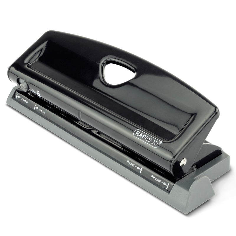 Rapesco 1725 Adjustable 6Hole Punch 4 x Different Positions 9 Sheets Capacity Metal Six Holes Puncher with LockDown Handle Works with A5 A6 Compact Slimline Pocket Filofax Mini Black