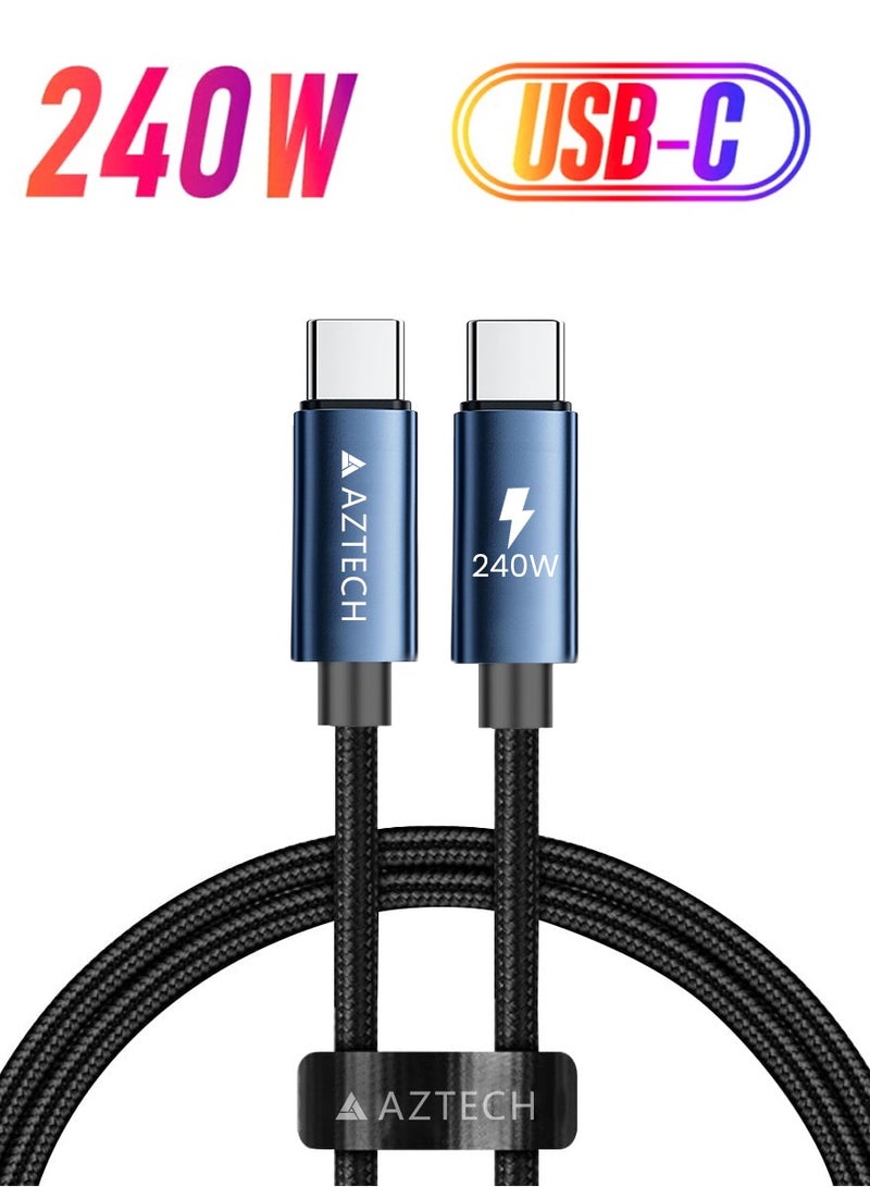 Aztech كابل هايبر كابل USB C إلى USB C 240W 1M شحن سريع 48V/5A PD E-Marker كابل نوع C مضفر لأجهزة اللابتوب ماك بوك جالاكسي S24 ستيم ديك أجهزة الألعاب سلك متين مضاد للتشابك أسود أزرق - Image 1
