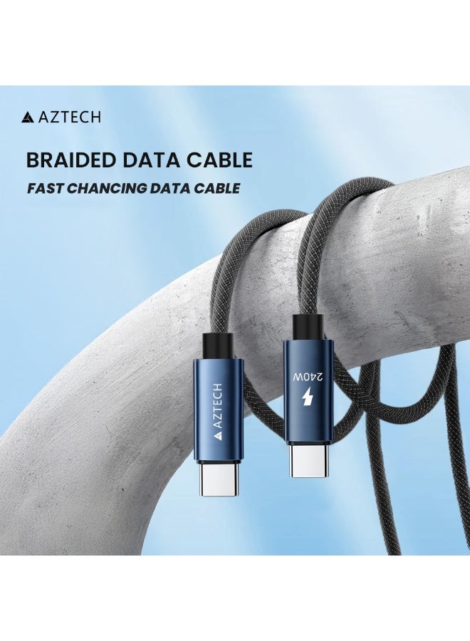Aztech كابل هايبر كابل USB C إلى USB C 240W 1M شحن سريع 48V/5A PD E-Marker كابل نوع C مضفر لأجهزة اللابتوب ماك بوك جالاكسي S24 ستيم ديك أجهزة الألعاب سلك متين مضاد للتشابك أسود أزرق - Image 2
