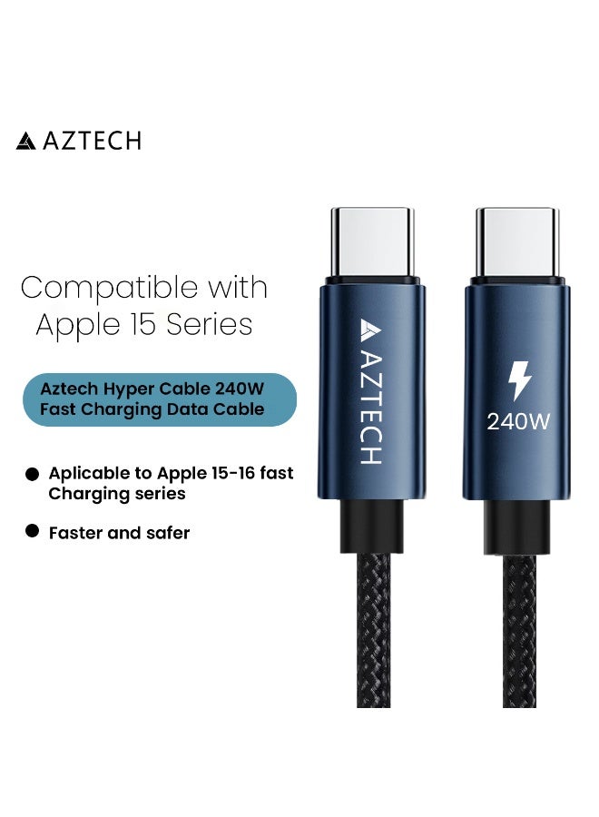 Aztech كابل هايبر كابل USB C إلى USB C 240W 1M شحن سريع 48V/5A PD E-Marker كابل نوع C مضفر لأجهزة اللابتوب ماك بوك جالاكسي S24 ستيم ديك أجهزة الألعاب سلك متين مضاد للتشابك أسود أزرق - Image 3