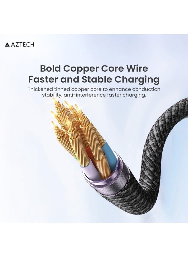 Aztech كابل هايبر كابل USB C إلى USB C 240W 1M شحن سريع 48V/5A PD E-Marker كابل نوع C مضفر لأجهزة اللابتوب ماك بوك جالاكسي S24 ستيم ديك أجهزة الألعاب سلك متين مضاد للتشابك أسود أزرق - Image 5
