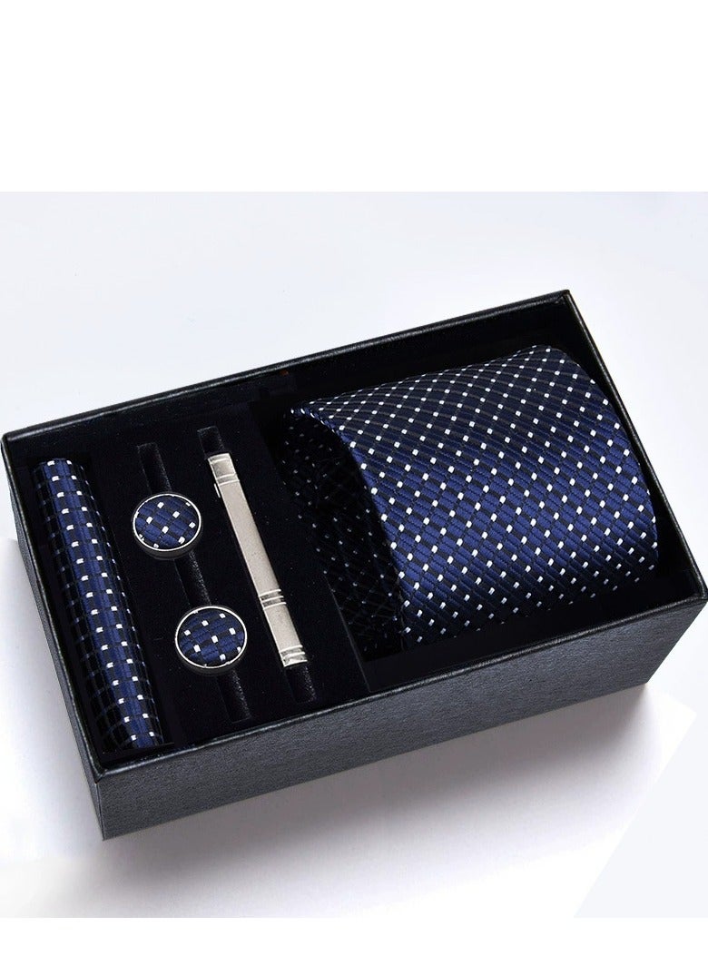Fashionable Spot Necktie Suit Gift Box Set（Tie, Pocket Square, Cufflinks, Tie Clip Set )-Dark Blue - Image 1