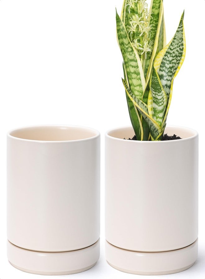 D'vine Dev Set of 2 Plants Pots, 6.5 Inch Ceramic Planter Pot for Plants with Drainage Hole and Saucer, Oatmeal, 94-V-C-8 - Image 1
