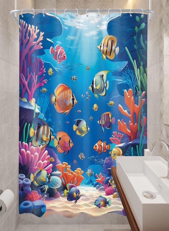 Cinbloo Blue Ocean 60Wx72H Shower Curtain Coral Sea Grass Plant Colorful Tropical Fish Underwater World Nautical Coastal Wave Hawaii Summer Bathroom Curtain Set Modern Bath Bathroom Accessories Decor - Image 4