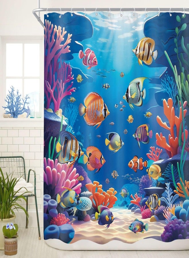 Cinbloo Blue Ocean 60Wx72H Shower Curtain Coral Sea Grass Plant Colorful Tropical Fish Underwater World Nautical Coastal Wave Hawaii Summer Bathroom Curtain Set Modern Bath Bathroom Accessories Decor - Image 1