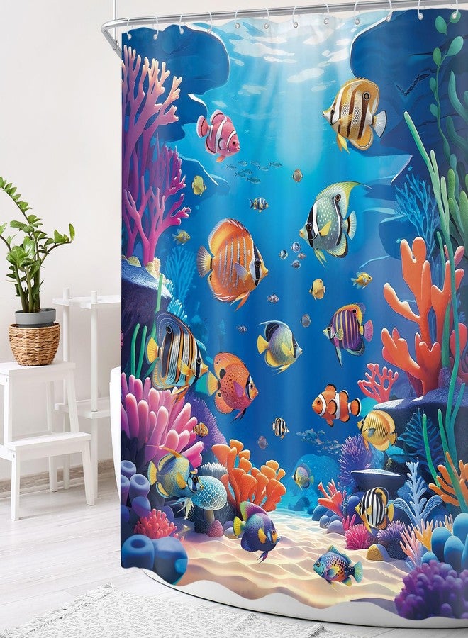 Cinbloo Blue Ocean 60Wx72H Shower Curtain Coral Sea Grass Plant Colorful Tropical Fish Underwater World Nautical Coastal Wave Hawaii Summer Bathroom Curtain Set Modern Bath Bathroom Accessories Decor - Image 3