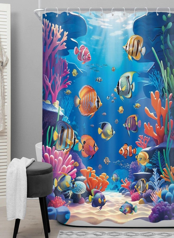 Cinbloo Blue Ocean 60Wx72H Shower Curtain Coral Sea Grass Plant Colorful Tropical Fish Underwater World Nautical Coastal Wave Hawaii Summer Bathroom Curtain Set Modern Bath Bathroom Accessories Decor - Image 2