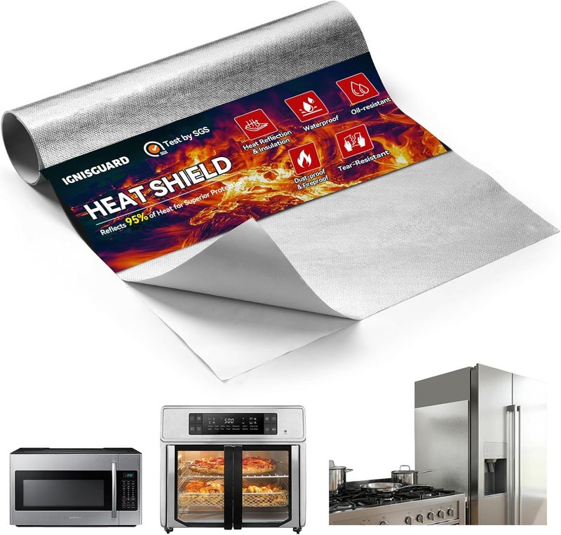 IGNISGUARD Heat Shield Mat 12"x40" - 95% Reflective Aluminized Fiberglass Thermal Barrier Material - Adhesive Backed Heat Shield Wrap & Insulation Blanket High Temp Protection - Image 1