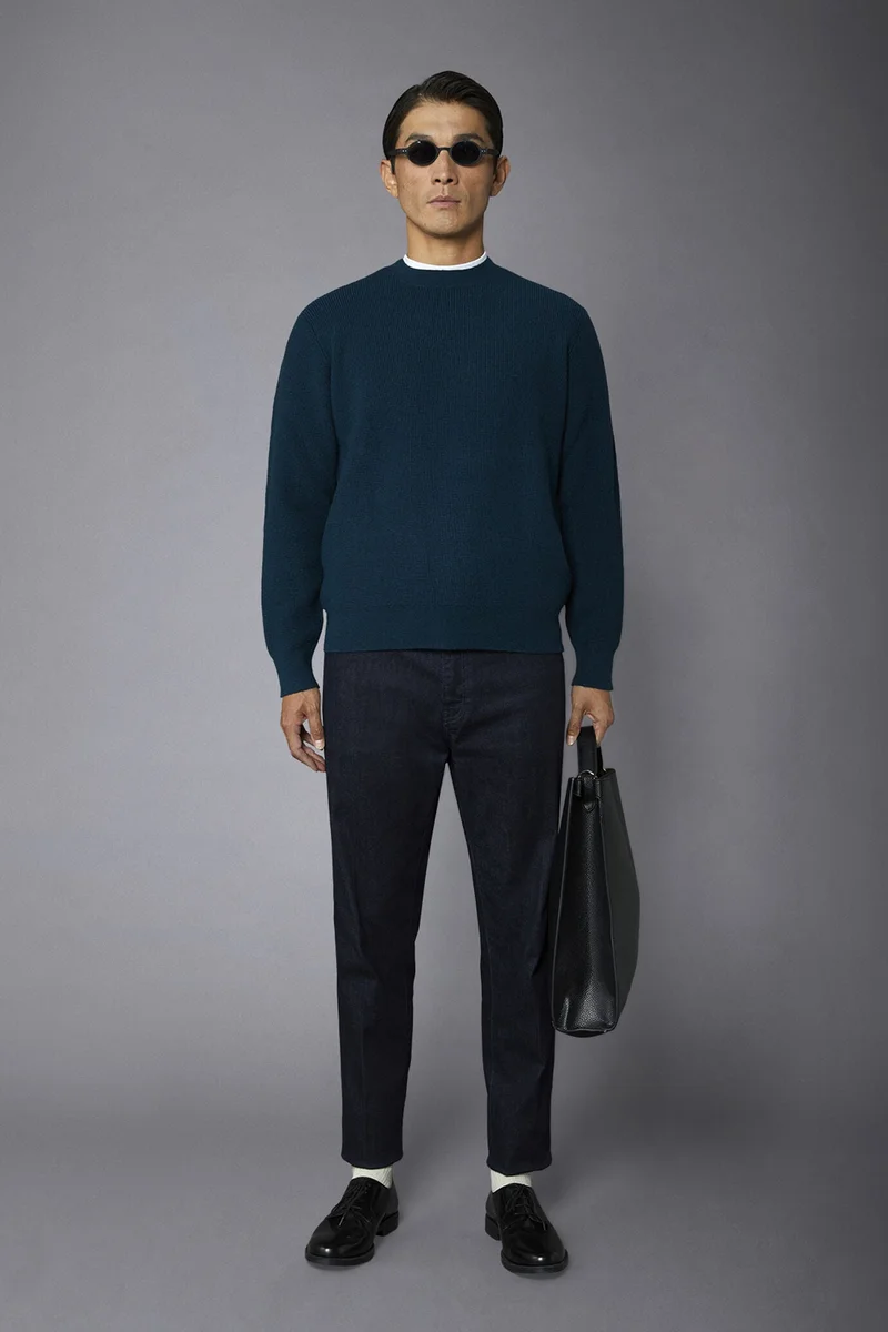 Men's roundneck sweater with English rib knitting regular fit - Petrol