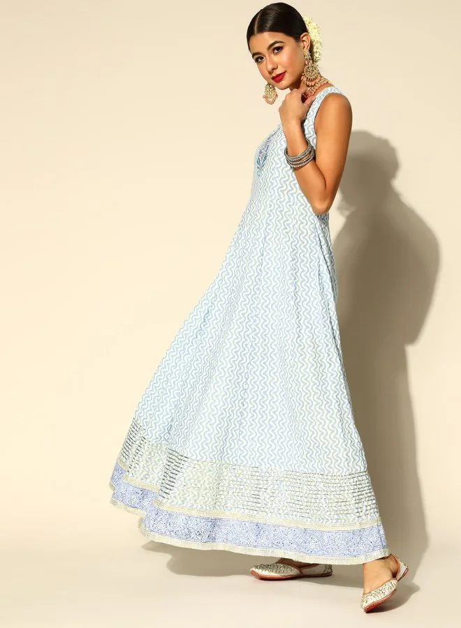 ISHIN Women's Blue 100% Cotton Self Design A-Line Kurta