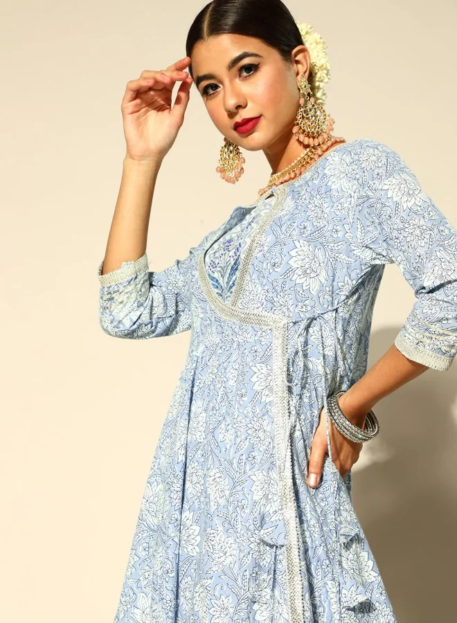 ISHIN Women's Blue 100% Cotton Self Design A-Line Kurta