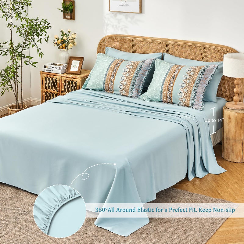 LXWORX Boho Comforter Set Queen - 7 Pieces Bed in a Bag, Bohemian Striped Comforter Set with Sheets, Soft Microfiber Sage Green Floral Bedding Set for All Season - Image 3
