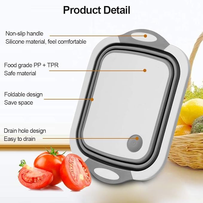 Kresal Collapsible Cutting Board 3 in 1 Chopping Board with Drain Plug Wash Basin Dish tub Colander Multifunctional for Vegetable Fruit Wash Space Saving for Kitchen Camping Picnic BBQ - Image 2