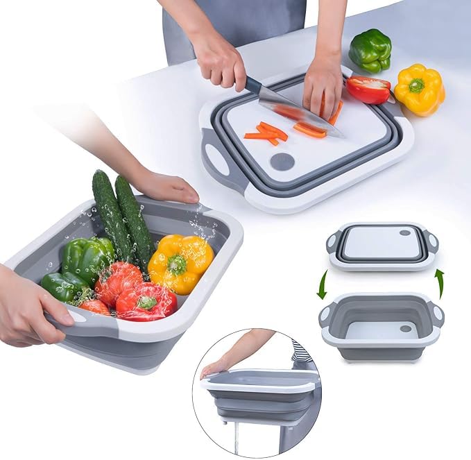 Kresal Collapsible Cutting Board 3 in 1 Chopping Board with Drain Plug Wash Basin Dish tub Colander Multifunctional for Vegetable Fruit Wash Space Saving for Kitchen Camping Picnic BBQ - Image 1