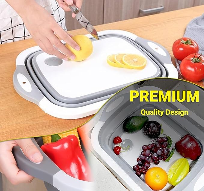 Kresal Collapsible Cutting Board 3 in 1 Chopping Board with Drain Plug Wash Basin Dish tub Colander Multifunctional for Vegetable Fruit Wash Space Saving for Kitchen Camping Picnic BBQ - Image 4