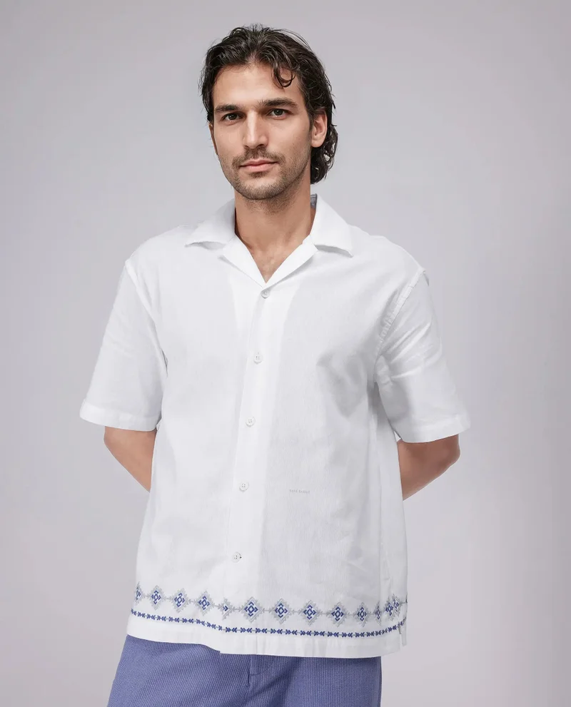 Rare Rabbit Rare Rabbit Men's Tirk White Cotton Fabric Short Sleeve Collared Neck Button Closure Embroiderd Shirt