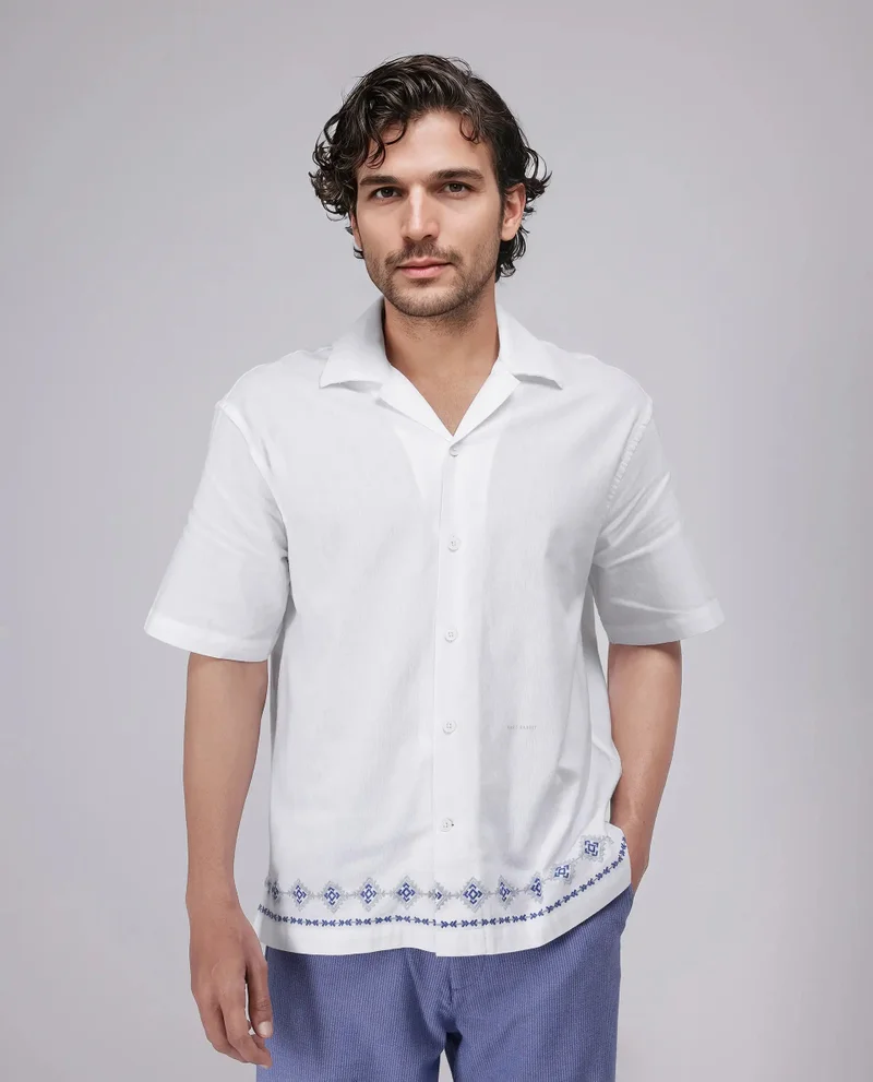Rare Rabbit Rare Rabbit Men's Tirk White Cotton Fabric Short Sleeve Collared Neck Button Closure Embroiderd Shirt