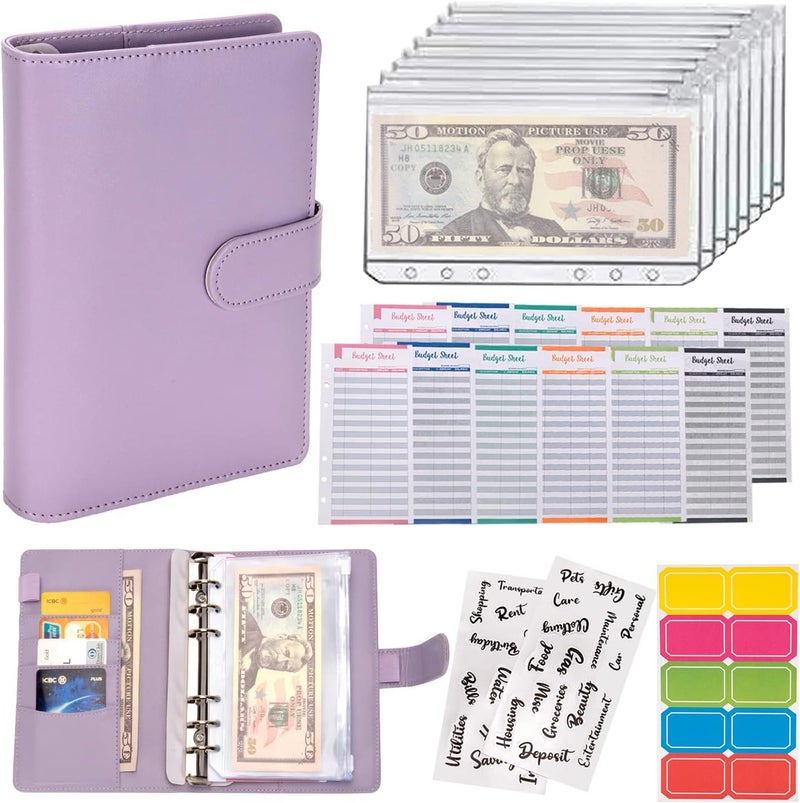 Afrodite Budget Binder Cash Envelopes for Budgeting Money Organizer for Cash Money Envelopes for Cash Leather A6 Budget Binder with Zipper envelopes (Purple) - Image 1