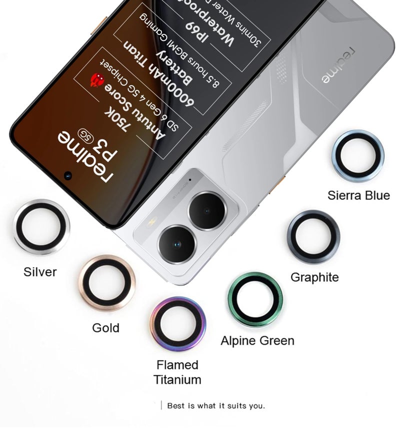 FabeKee Camera Lens Frame Glass Compatible with Realme P3 Tempered Glass Aluminum Alloy Frame Individual Camera Lens Protector Cover Silver - Image 3