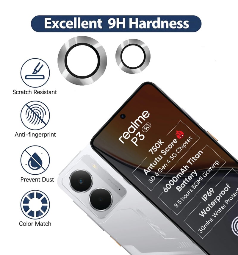 FabeKee Camera Lens Frame Glass Compatible with Realme P3 Tempered Glass Aluminum Alloy Frame Individual Camera Lens Protector Cover Silver - Image 2