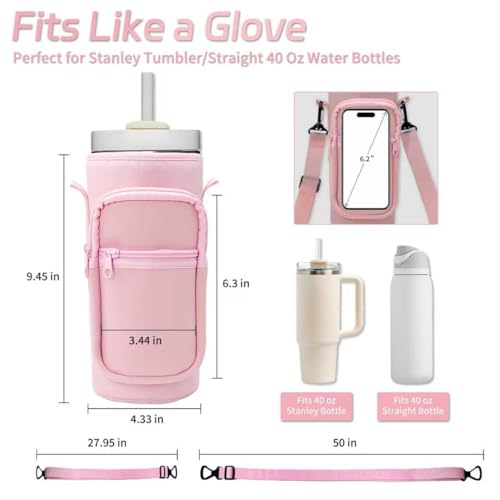 Doacpcr Water Bottle Carrier Bag with Phone Pocket for Stanley 40 oz Tumbler Compatible with Handle/Straight Bottles, Water Bottle Holder with Adjustable Strap, Stanley Cup Accessories 40 oz (Pink) - Image 2